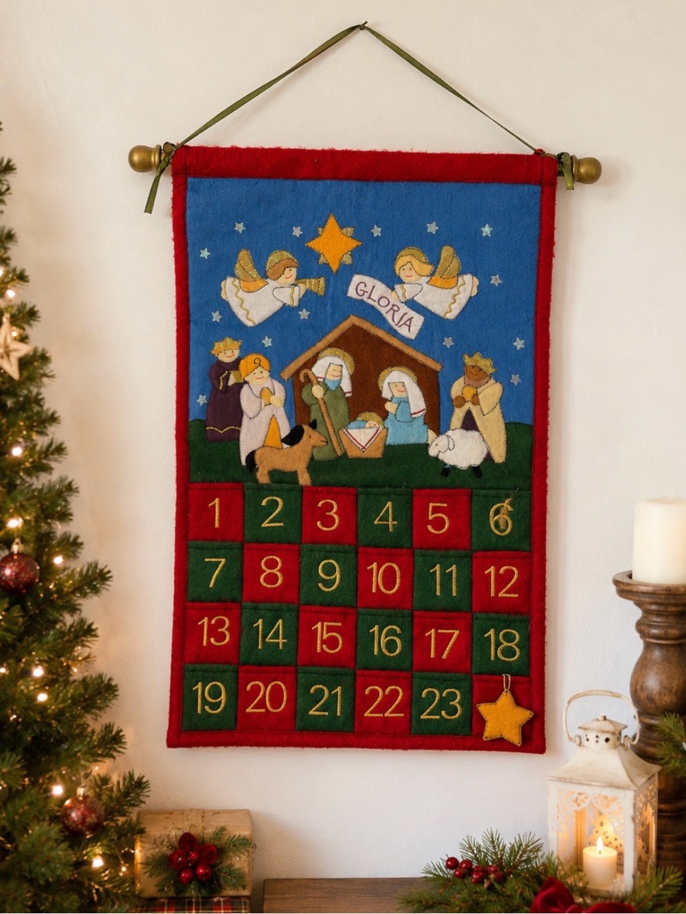 Vintage Nativity Advent Calendar Christmas Felt Wall Hanging Cottagecore Decor